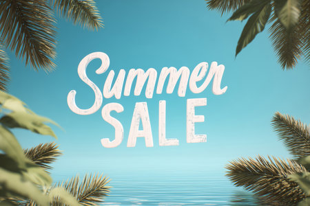 Summer sale typography with decorative palm tree leaves framing text against turquoise water backgroundの素材