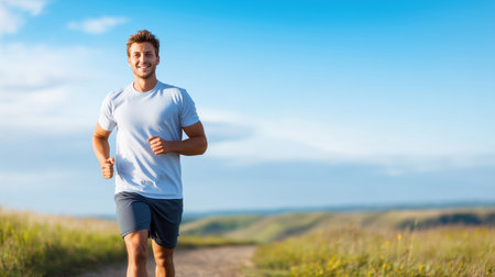 Fit male runner in light blue shirt jogging through hilly countryside under clear blue sky with scenic landscapeの素材