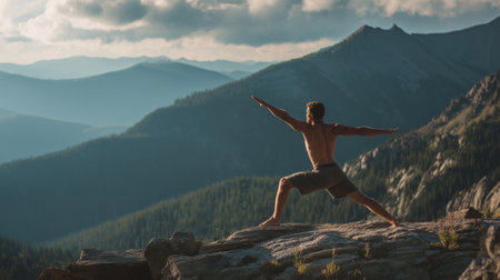 Male practitioner performing yoga pose on mountain cliff with layered mountain ranges in backgroundの素材