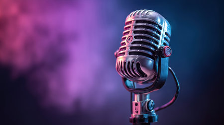 Classic vintage microphone with colorful neon lighting effects in purple and blue tones, perfect for music, podcast, radio broadcasting and entertainment industry themesの素材
