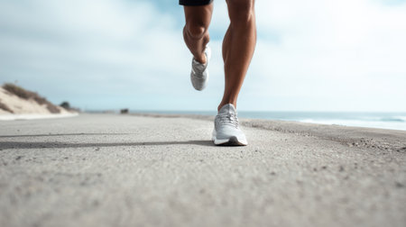 Close-up of runner's feet in white athletic shoes on concrete pavement, representing fitness motivation, running exercise and active healthy lifestyle choicesの素材