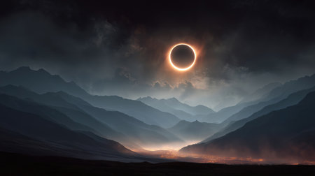 Solar eclipse phenomenon visible over misty mountain valley landscapeの素材