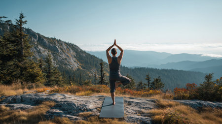 Man practicing tree yoga pose on rocky mountain overlook with stunning valley landscape view in backgroundの素材