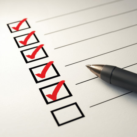 Paper checklist with red checkmarks and black penの素材