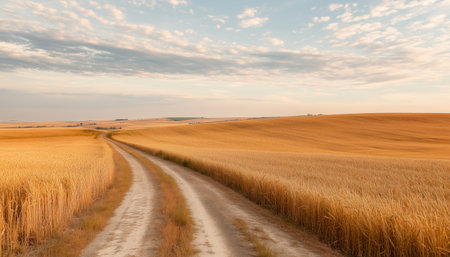 A road runs through a field of golden wheatの素材