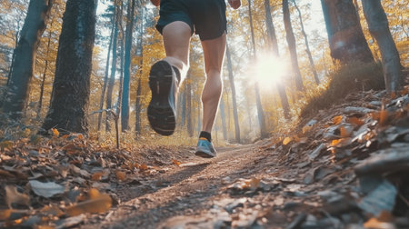 Back view of a man running through an autumn forestの素材