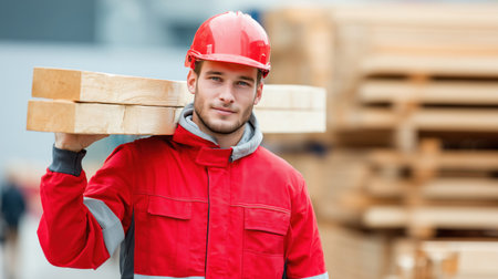 Warehouse employee in bright red uniform and safety hard hat working in industrial lumber storage facilityの素材