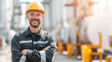 Happy construction worker in yellow hard hat and safety glasses with arms crossed, standing confidently at building siteの素材