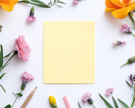 Creative composition featuring yellow blank note surrounded by colorful flowers, green leaves, and pastel pencils on white backgroundの素材