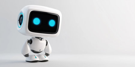 White robot with blue glowing eyes and friendly design, representing artificial intelligence and modern technology concepts.の素材