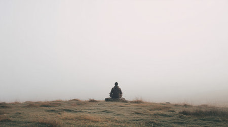 Person sitting in meditation pose silhouetted against misty landscape at sunriseの素材