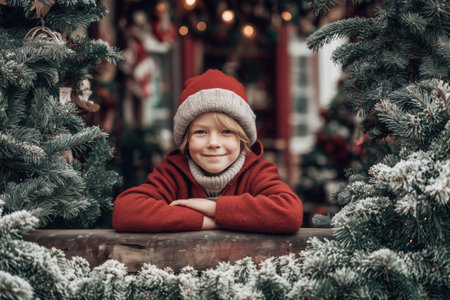 Happy smiling child wearing Santa hat among Christmas decorations and lightsの素材