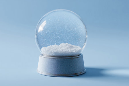 Clear glass snow globe with white base on blue backgroundの素材