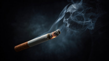 Burning cigarette with smoke against dark background, illustrating smoking health risks and addiction awareness conceptsの素材