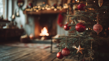 Warm festive living room with glowing fireplace, Christmas decorations, and holiday lights creating perfect cozy winter atmosphere.の素材