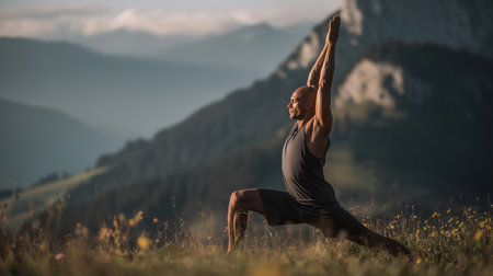 Man performing yoga pose in scenic mountain landscape during golden hourの素材