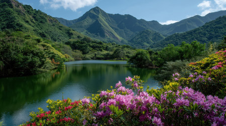 Mountain lake landscape with blooming pink flowers in foreground and majestic peaks reflected in calm waterの素材