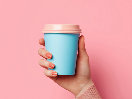 Female hand holding turquoise coffee cup against pink backgroundの素材