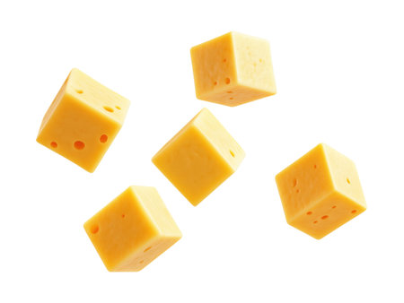 Five flying cheese cubes isolated on white backgroundの素材