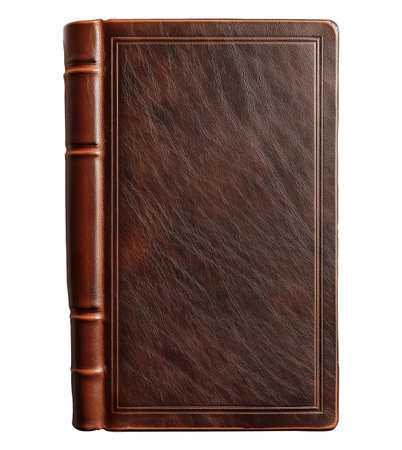 Old book with brown leather cover isolated on white backgroundの素材