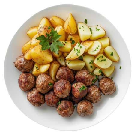 A plate of meatballs and potatoes with parsley, isolated on a white background, top viewの素材