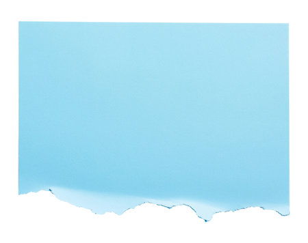 Piece of blue paper with torn edge isolated on white backgroundの素材