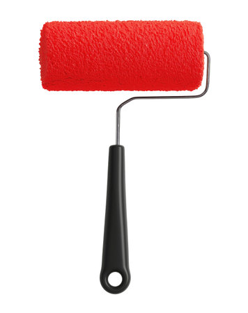 Red paint roller with black plastic handle, isolated on a white backgroundの素材