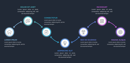 Business workflow infographic template with seven steps connected by arrows, dark backgroundのイラスト素材