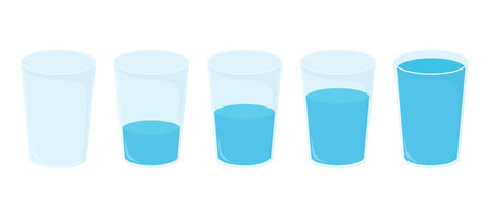 Set of five glasses of water with different filling levels from empty to fullのイラスト素材