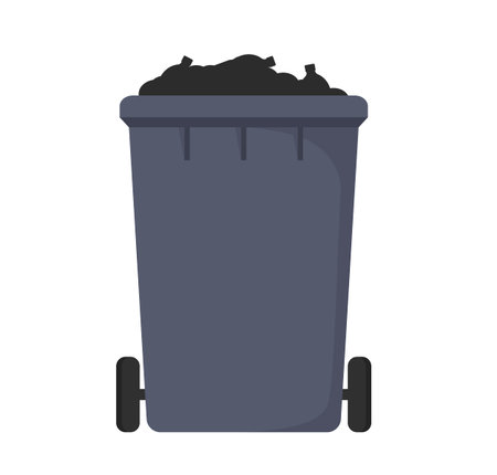 Grey recycle bin with recycling symbol full of waste and garbageのイラスト素材
