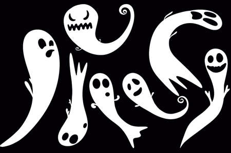 Set of spooky ghosts for Halloween night. Holiday cartoon character. Monochrome ghost apparition spook horror set. Spooky and funny. Vector illustration of a ghost on a black background. Holiday.のイラスト素材