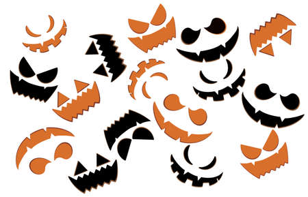 Set of pumpkin faces. Different face expressions. Halloween seamless pattern Vector illustration. Pumpkin devil and funny faces. Silhouette wallpaper background vector.のイラスト素材
