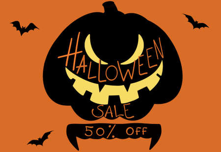 Halloween sale specail offer banner template vector illustration. Hand drawn lettering for holiday shopping. Party invitation background. Modern minimal design for sales on a orange background.のイラスト素材