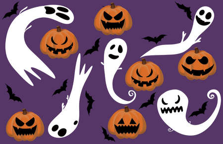 Halloween ghost and pumkin set. Vector elements on purple background. Scary ghost. October celebration. Happy halloween pumkin ghost and a bat vector art illustration. Boo calligraphy.のイラスト素材