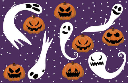 Halloween ghost poster with pumkins. Purple and dotted background. Set of ghosts and pumkins with different face expressions. Carnival Background concept design. Vector illustration.のイラスト素材