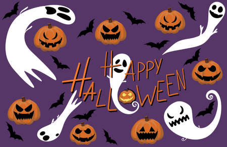 Happy halloween poster. Pumkins, ghost and bats vector illustration. Holiday promo banner with spooky flying ghosts. Party poster. Cute and funny cartoon characters. Purple background. Greeting card.のイラスト素材