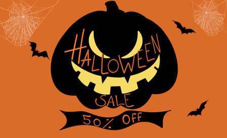 Halloween sale specail offer banner template vector illustration. Hand drawn lettering for holiday shopping. Party invitation background. Modern minimal design for sales on a orange background.のイラスト素材