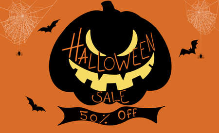Halloween sale specail offer banner template vector illustration. Hand drawn lettering for holiday shopping. Party invitation background. Modern minimal design for sales on a orange background.のイラスト素材