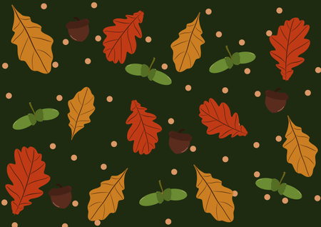 Seamless pattern with leaves, acorn and peige color dots. Colorful autumn natural seamless pattern with fall leaves, acorns and autumn oak leaves. Gifting paper, wallpaper, web page backgroundの写真素材
