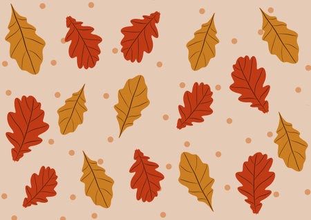 Seamless pattern with autumn leaves falling seasonal background. Falling autumn golden, red and orange colored leaves. Hand drawn. Autumnal leaves for textile, wallpapers and gift wrap.の写真素材