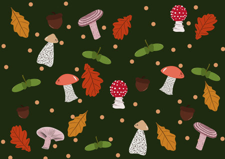 Seamless pattern with leaves, mushrooms and acorn on a green pattern design. Colorful autumn natural seamless pattern with fall leaves and mushrooms. Gifting paper, wallpaper, web page backgroundの写真素材