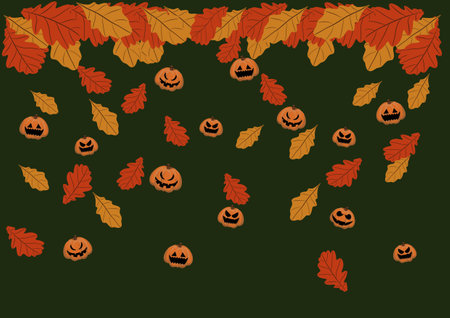 Seamless pattern with autumn leaves falling with Halloween pumkin. Falling autumn golden, red and orange colored leaves. Scary pumkin Hand drawn. Autumnal leaves for textile, wallpapers and gift wrap.の写真素材