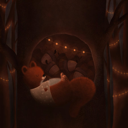 Cartoon animals inside burrow. Cute and cozy chubby fat squirrel sleeping inside the tree with autumn colors in the background. Cozy home illustration, fall winter vibes. Art for kids,の写真素材