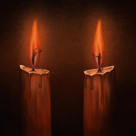 Two candles with man and woman figures dancing in the light. Romantic love illustration. Cute cozy candle illustration. Holiday decorative design element. Cute candle character art set.の写真素材