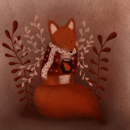 Cozy animal illustration, Cute ginger fox drinking coffee illustration. Cute animals wallpaper illustration for kids. Art for children. Cute autumn animal and hand drawn image. Cozy colors, redheadの写真素材