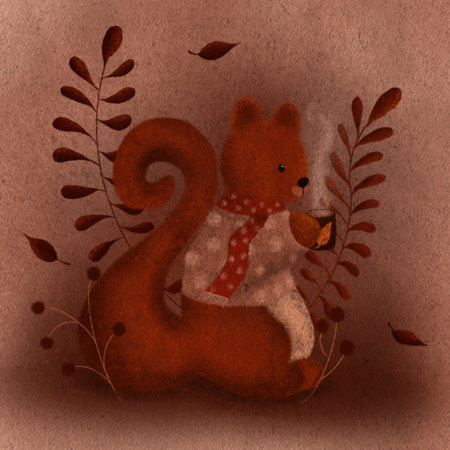 Cozy animal illustration, Cute squirrel drinking coffee illustration. Cute animals wallpaper illustration for kids. Art for children. Cute autumn animal and hand drawn image. Cozy colors, redheadの写真素材