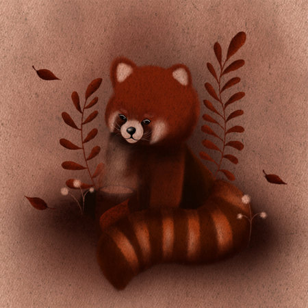 Cozy animal illustration, adorable red panda animal drinking coffee illustration. Cute animals wallpaper illustration for kids. Art for children. Cute autumn animal and hand drawn image. Cozy colors.の写真素材