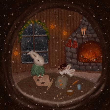 Bunny baking gingerbread in a cozy setting. Ideal for cards, banners, social media. A charming illustration capturing the festive spirit of Christmas with a cute bunny making holiday treats.の写真素材
