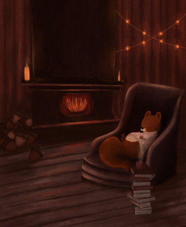 Squirrel sleeping in arm chair. Cozy illustrationの写真素材