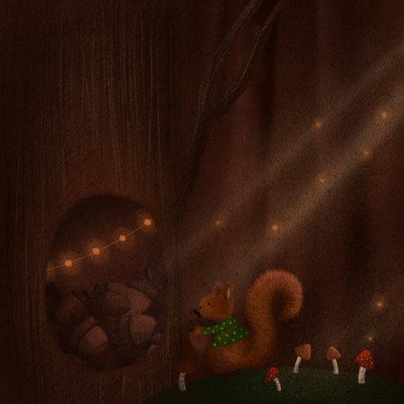 Squirrels stocking hazelnuts in a big hollow trunk of tree in forest, autumn cozy warm illustration. Wallpaper illustration for children with Autumn nature and wild woods.の写真素材